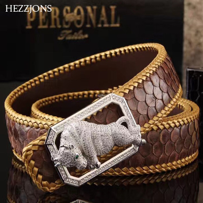 赫泽琼斯HEZZJONS男士编织蟒蛇皮皮带生肖牛纯银扣腰带商务皮带时尚个性发型师皮带