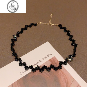 JiMi韩国东大门新款小众黑色水晶颈链锁骨链女2023年新款法式时尚项链 双排水晶项链M--04
