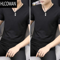 HLCOMAN莫代尔男士短袖t恤V领夏季纯色修身衣服潮流紧身冰丝半袖