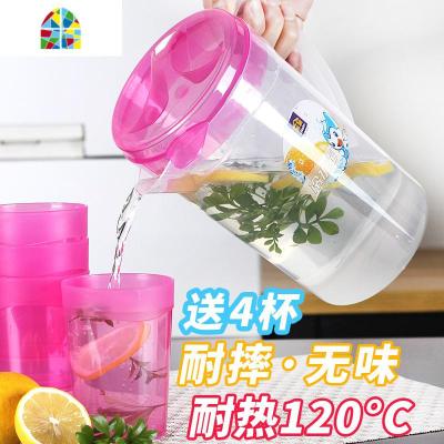 耐热可高温大容量塑料冷水壶凉水壶茶壶扎壶果汁壶凉水杯家用套装 FENGHOU 红色1.8升配4杯