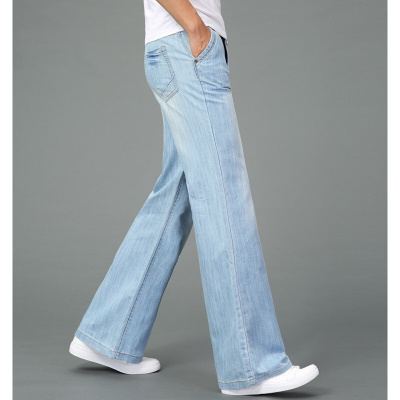 珂卡慕(KEKAMU)男士喇叭裤宽松裤脚阔腿大脚长裤牛仔裤腿粗喇叭大宽口秋季直筒男式无磁无铁卡白蓝27腰围2尺-