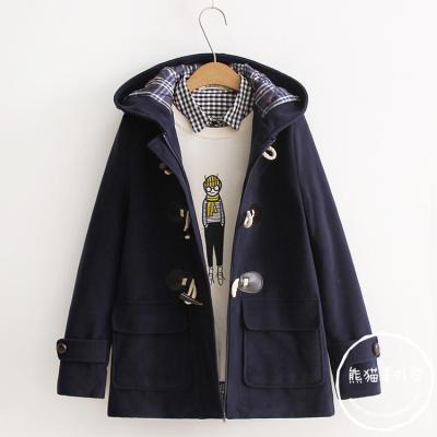 FISHBASKET毛呢外套新款女装时尚流百搭色角扣修身连帽毛呢大衣女毛呢外套