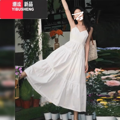 YIBUSHENG2024季新款法式V领白色吊带连衣裙女收腰设计感小众气质小裙子