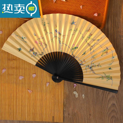 XIANCAI明制孔府花鸟裙折扇8寸30骨油竹古风汉服扇子双面宣纸舞蹈女 黑骨(无流苏扇袋)