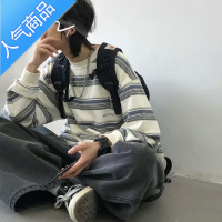 喻娄日系痞帅ins条纹卫衣男秋季宽松潮流复古港味网红慵懒风长袖t恤潮T恤