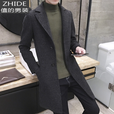 SUNTEK风衣男学生秋冬季韩版修身潮流毛呢大衣帅气中长款厚呢子男士外套风衣