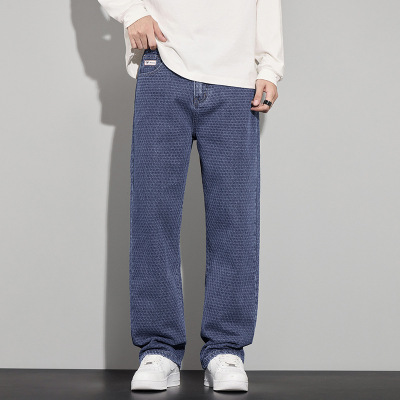 菱形提花牛仔裤宽松男新款高街美式潮牌宽松坠感休闲直筒长裤男士