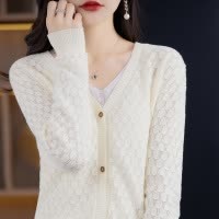 纯色棉线开衫春夏新款女士v领针织开衫镂空短款百搭针织衫