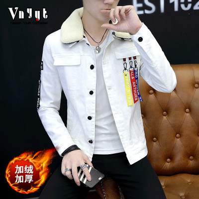 新款男士韩版加绒夹克男青年秋冬季个性加厚牛仔衣服潮流羊羔毛领外套
