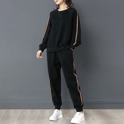 珂卡慕(KEKAMU)2020新款春装时髦圆领运动休闲时尚百搭减龄两件套洋气大码显瘦女装卫衣套装黑色大码XL建议120-150斤