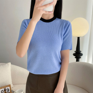 拼色圆领短袖精纺羊毛针织衫女夏季韩系小众设计感短款上衣薄