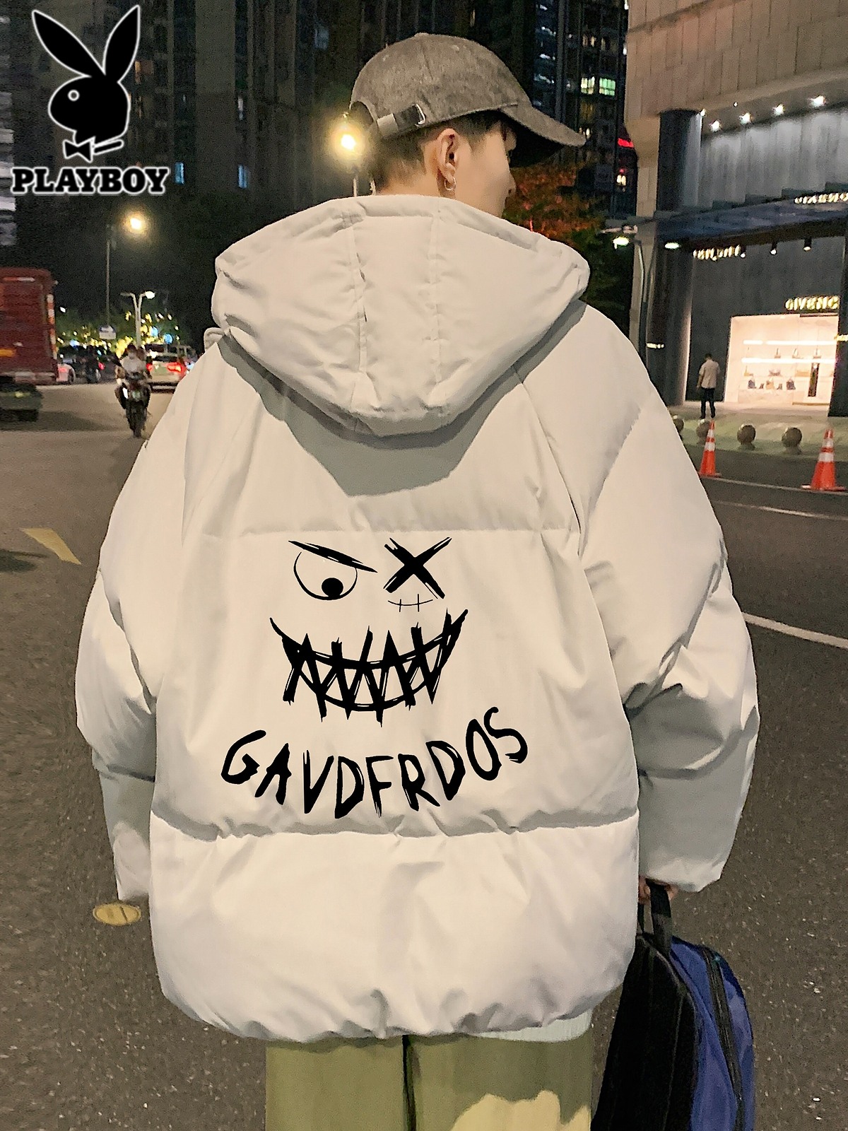 花花公子羽绒棉服男士冬季加厚连帽面包服潮牌青少年印花棉衣外套