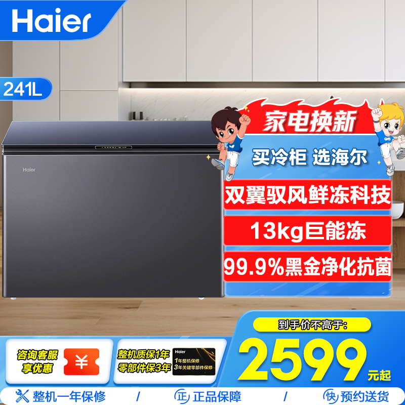 海尔(Haier)241升 家用卧式冰柜 冷柜 小冰箱 风冷无霜 一级能效BC/BD-241WGHEB1