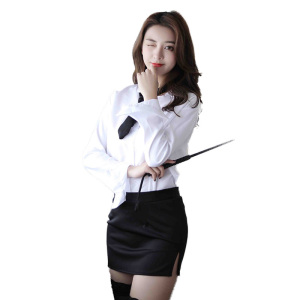 女士情趣内衣性感制服套装OL秘书透视诱惑V字衬衫裙子蕾丝破洞开档免脱黑丝袜丁字裤三点透明女式情趣睡衣长夜漫漫成人女性用品