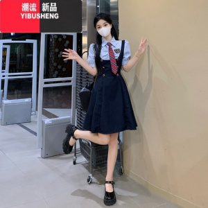 YIBUSHENG大码胖mm假两件连衣裙女季新款学院风短袖收腰显瘦气质a字裙子