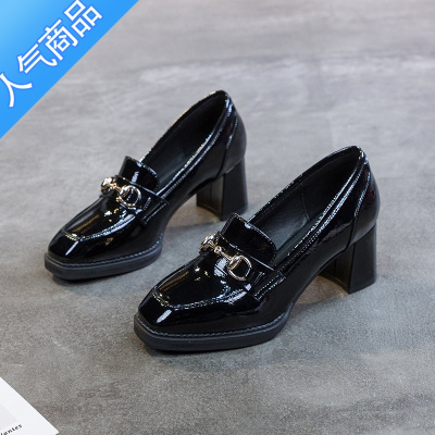 SUNTEK单鞋方头中高跟鞋粗跟厚底乐福鞋女2023年新款夏季亮皮女鞋子