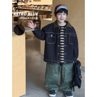 童酷男童冬季新款日系拼色翻领宝宝上衣绗棉加厚牛仔儿童外套