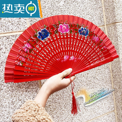 XIANCAI舞蹈扇红扇子实木扇骨开合顺溜双面扇旗袍舞台走秀表演折扇 红色 双面新双大红