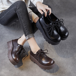 系带乐福鞋女秋新款美式复古德比鞋厚底大头小皮鞋配裙子单鞋