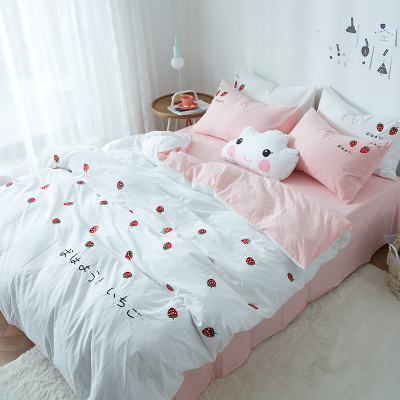 仙美ins简约韩式纯棉刺绣水洗棉全棉四件套床单床笠床上用品春夏