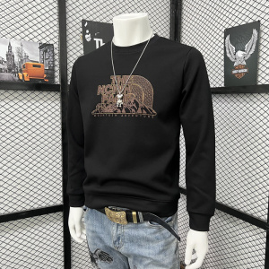 字母印花时尚修身长袖体恤打底衫烫钻圆领卫衣男士秋冬新款上衣潮