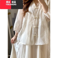 YIBUSHENG新中式白色刺绣连衣裙女季大码胖mm改良汉服国风套装禅意长裙