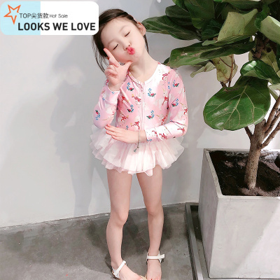 七色王国儿童泳衣女女童连体长袖防晒小公主纱裙泳衣ins可爱宝宝小童泳装