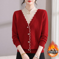 妈妈冬装时尚加绒旗袍领毛衣一体绒假两件上衣中老年女冬季打底衫