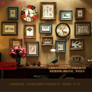 维诺亚美式实木照片墙装饰客厅餐厅复古相框墙打印照片创意个性钟表挂墙