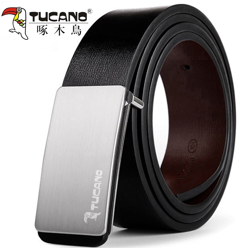 啄木鸟男士皮带真皮牛皮商务纯真皮软腰带板扣平滑扣打孔3.3轻