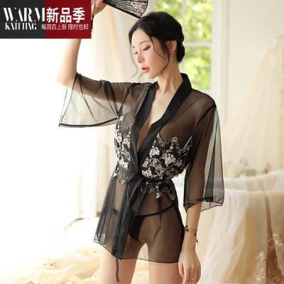 情趣内衣性感诱惑骚透明挑逗网纱薄纱大码睡衣浴袍调情免脱套SHANCHAO黑色+内裤均码