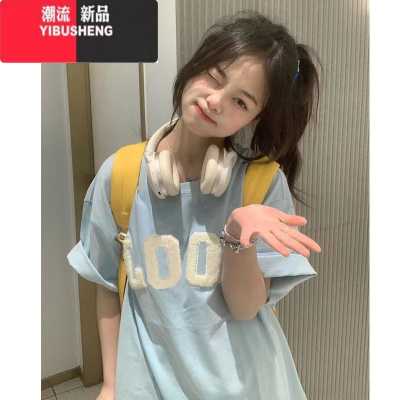 YIBUSHENG潮牌美式复古刺绣正肩短袖t恤女季小众设计感chic港味上衣