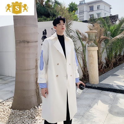 SUNTEK风衣男秋冬复古时尚大气韩版中长款大衣男拼接假两件过膝风衣外套风衣