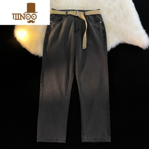 YANXU夏季直筒牛仔裤男腰带宽松潮牌休闲日系复古青少年港风百搭长裤子