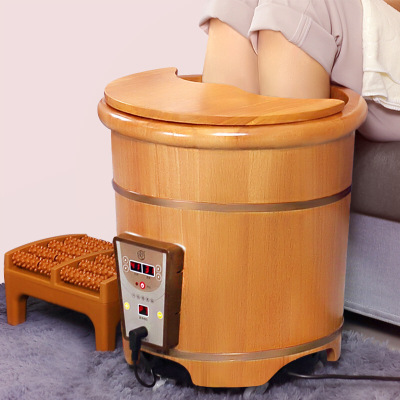 厂家直销橡木足浴桶洗脚木桶 自动加热恒温蒸汽熏蒸泡脚木桶40cm 橡木原木色 40CM包边带W盖波迷娜BOMINA 默认颜色