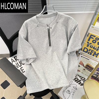 HLCOMAN半拉链短袖t恤男宽松美式垫肩痞帅上衣夏季潮牌高街情侣体恤