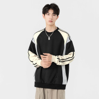 男装潮牌圆领卫衣秋冬季新款韩版拼色拼接长袖宽松落肩款百搭上衣