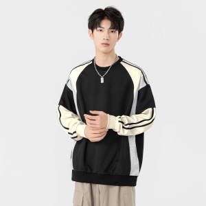 男装潮牌圆领卫衣秋冬季新款韩版拼色拼接长袖宽松落肩款百搭上衣