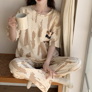 睡衣女士棉质夏季韩版短袖长裤可爱卡通休闲家居服套装宽松可外穿