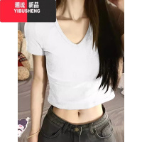YIBUSHENG季美式辣妹纯欲v领修身显瘦正肩t恤女短袖高腰短款露脐体恤上衣