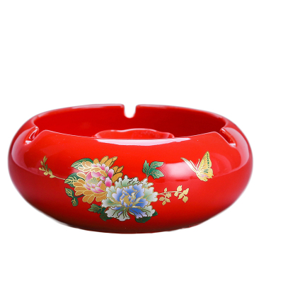 陶瓷防飞灰烟灰缸大号小号创意个性时尚北欧家用客厅装饰摆件-红蝶恋花烟缸（带灭烟槽）