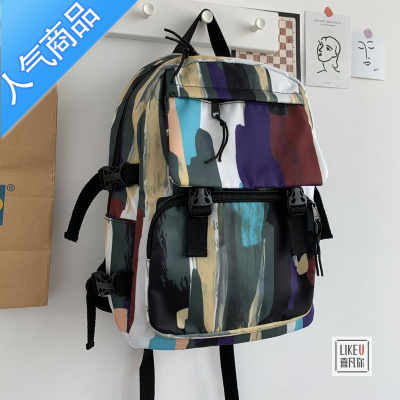 FENGHOU2021原创设计抽象插画潮男少女双肩包尼龙布初高中书包森系背包抽象1号蓝白