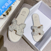 SUNTEK水钻凉鞋女气质仙女2023夏新款百搭一字带平底拖鞋外穿ins潮凉拖