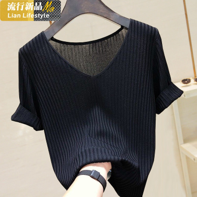 恋名媛2020夏季新款短袖T恤女装半袖韩版冰丝针织上衣V领宽松大码打底衫大码女装