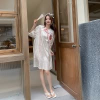 Ceba新中式缎面睡裙夏季冰丝薄款睡衣女气质国风家居服可外穿