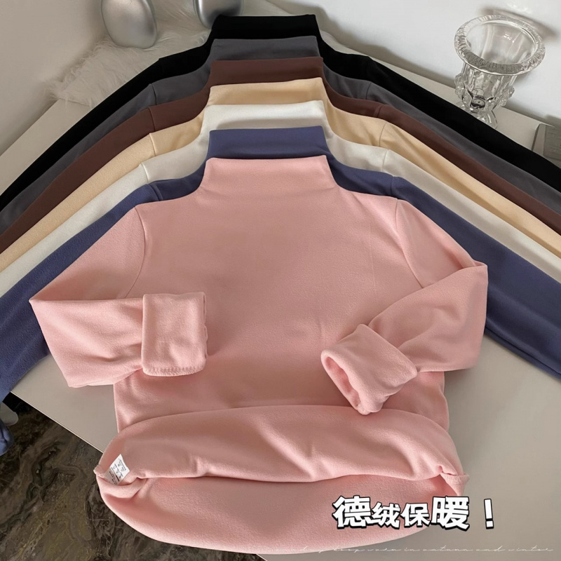 加厚双面德绒磨毛半高领修身保暖打底衫女秋冬纯色上衣长袖T恤女