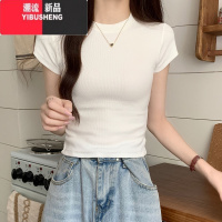 YIBUSHENG酒红色洋气复古正肩短袖t恤女季紧身显瘦针织半袖修身短款上衣
