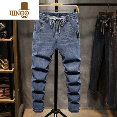 YANXU2023新款松紧腰牛仔裤男直筒宽松抽绳夏季薄款潮流长裤子