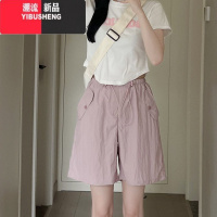 YIBUSHENG灰色工装短裤女季薄款高腰休闲阔腿设计感速干运动美式五分裤子