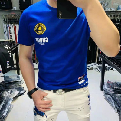 欧美新款潮流丝光棉短袖男帅气时尚简约修身印花白T恤薄款半截袖